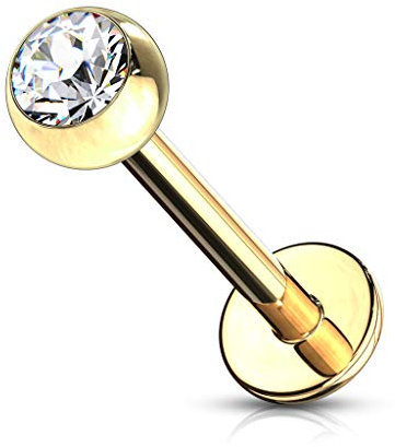 Paula & Fritz® Universal Labret Piercing Gold Zirkonia Klar Chirurgenstahl 316 L Stab-Länge 10-mm Stab-Dicke 1,2-mm Sockel Madonna Medusa Cheek Tragus