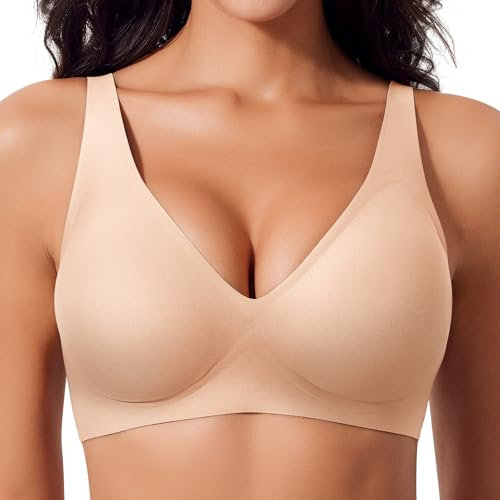 Damen BH Ohne Bügel Nahtloser Glatter Weicher BH Bequemer T-Shirt Soft Bra (Beige-Weite Träger, 2XL)