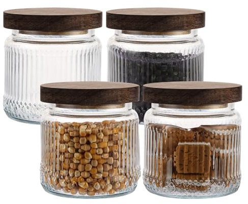 SHUESS 4 Pack 500ml Ribbed Glass Storage Jars with Airtight Bamboo Lids - 17 oz Stackable Air Tight Glass Containers for Food Storage, Perfect for Tea, Herbs, Coffee, Cereal