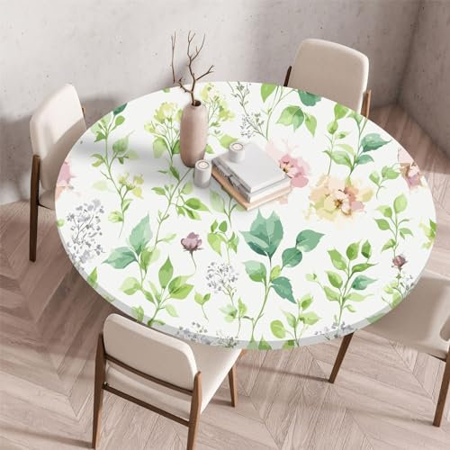 Highdi 3D Mantel Redondo con Bordes Elástica, Mantel Mesa Redonda Ajustable Protector de Mesas Redondas Manteles Antimanchas para Picnic Comedor Cocina (120cm,Plantas Verdes)