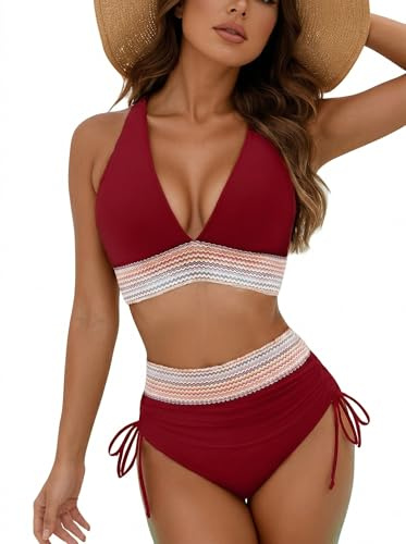 Hicodbek Bikini Damen Set Sexy Badeanzug Bademode Hohe Taille Farbblock Zweiteiliger Kordelzug Badeanzüge Bikinis für Frauen (DE/NL/SE/PL, Alphanumerisch, L, Regular, Regular, Weinrot)