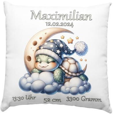 Baby Geschenk Kissen mit Namen und Geburtsdaten - Geburt Junge oder Mädchen Geburtsgeschenk Babykissen -personalisierte Babygeschenke -taufgeschenk von Taufpaten - neugeborenen Schildkröte auf Mond