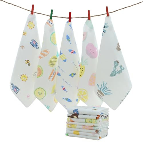 Lot de 10 Serviettes pour Enfants en Mousseline, Débarbouillettes Bébé en Mousseline, Nouveau-né Serviette de Visage, Bébé en Mousseline Gants de Toilette pour Fille et Garçon (25×25cm)