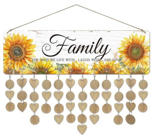 arricraft 1 Set Hölzerne Familie Geburtstag Reminder Kalender Board Sonnenblumen Geburtstags Und Feiertafel Mit Etiketten DIY Geburtstags Tracker Hängeplakette 12x40cm Für Heimdekoration