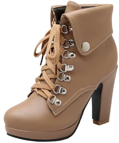 HSyc JRX Mujer Tacones altos Tacón bloque Botines con cordones y plataforma Botas Zapatos, albaricoque, 34 EU