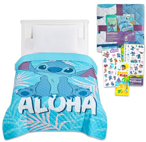 Disney Stitch Tagesdecke Twin Set für Kinder – Bündel mit Lilo und Stitch Gesteppte Tagesdecke für Doppelbett Plus Aufkleber, mehr | Stitch Twin Bettwäsche-Set für Jungen, Mädchen