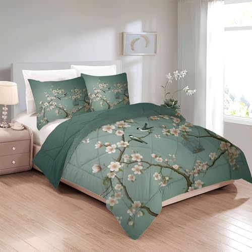 Bettdecke 135x200 Blume Ganzjahresdecke, 4 Jahreszeiten Bettdecken 135 x 200 Jahrgang Vogel Muster Wende Steppdecke Schlafdecke mit 2 Kissenbezüge, Waschbare Bettdecke ohne Bezug Nutzbar G-563