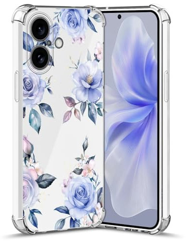 Nuxiady Hülle für iPhone 16 Silikon Transparent Handyhülle Dünne Bumper schutzhülle Stoßfeste Kratzfestes Blume Case Weiche Cover Kompatibel mit iPhone 16, Blaue Rose