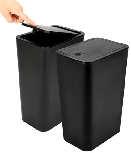 MUXHEL 2-Pack Black 12.5L Square Touch Top Trash Can, Slim & Compact, Dog-Proof, Easy to Clean, Ideal for Bedroom, Bathroom, Kitchen, Office