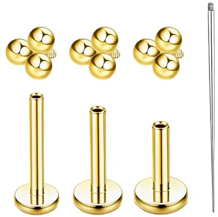 Tragus Piercing Gold 3 PCS Helix Piercings Gold Conch Piercing Gold Medusa Piercing Labret Piercing Gold Kommt mit 1 Führungsstange Hypoallergen Leicht Angenehm zu Tragen (6/8/10 mm)