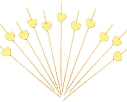 ENLACE Herz Cocktailspieße 100 Stück Spieße Fingerfood Gold Herz Holzspieße,Zahnstocher Holz 12cm,Partyspieße Herze Cocktail Sticks,Obstspieße Käsespieße Burger Spieße Hochzeit Geburtstag Valentinstag
