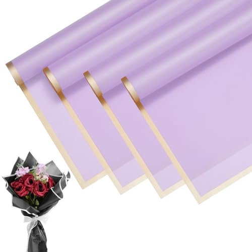 M METERXITY 20 Fogli Carta Regali Bouquet Fiori, 23, Lavanda, Viola Carta Regali Floreale Impermeabile Con Bordo Dorato Bopp, Confezione Fai da Te per Bouquet da Sposa/Festa/Regalo