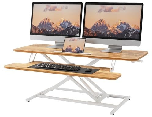 ERGOMAKER Steh-Sitz Schreibtischaufsatz Höhenverstellbar, Stehpult Aufsatz Schreibtisch 106 X 40CM Desktop Erhöhung mit Tastaturablage Für Zwei Monitore,Helles Rustikalbraun