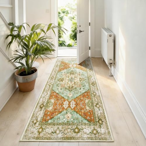 Puremy Vintage Teppich Läufer, Waschbar Bettvorleger 80X150CM, Grün | Boho Küchenteppich, Retro Kurzflor Flur Ideal für Eingangsbereich, küchen, Esszimmer, Schlafzimmer, kinderzimmer, Studie