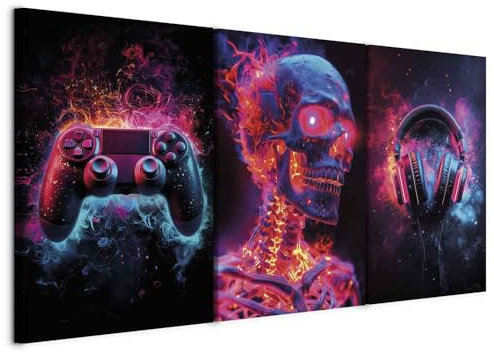 murando - Wandbilder Set 3 tlg Wanddeko Collage 3er 120x60 cm (je 40x60 cm) – Leinwandbild Wohnzimmer - Neon Glow – Controller, Totenkopf Headset in einer Farbexplosion i-H-10012-b-a