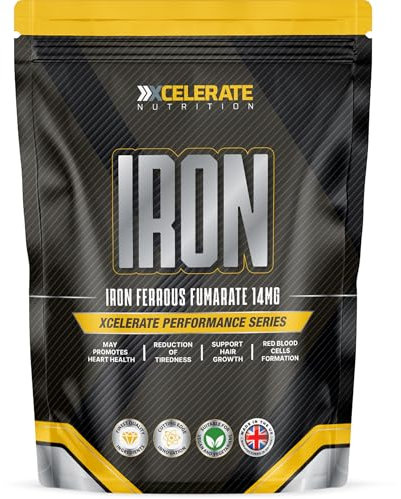 Vegan Iron Ferrous Fumarate 14mg Tablets - for Tiredness, Fatigue Relief & Supports Red Blood Cell Management - Gluten-Free, Non-GMO by XCelerate Nutrition (120 Tablets)