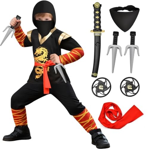 Tacobear Déguisement Ninja Enfant avec Jouet Ninja Accessoires Deguisement Halloween Noël Carnival Costume Ninja Vêtements pour Garçon Fille