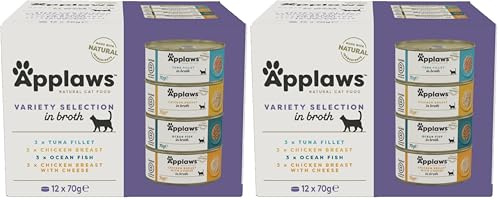 Applaws 100% Naturale Cibo Umido per Gatti Adulti in Brodo - Selezione Mista Tonno, Pollo, Pesce dell'Oceano in Brodo - 12 x 70g Lattine (Confezione da 2)