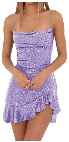 2025 - Abito da festa da donna con spalline e pizzo, glitterato, scollatura sulla schiena, con bordo a foglia, senza maniche, abito da sera corto elegante, Lilla, XS
