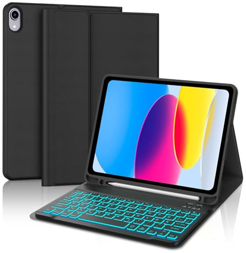 SENGBIRCH Tastaturhülle für iPad 10. Gen 10.9/11. Gen A16 2025 - QWERTZ Deutsche Beleuchtete Tastatur mit Stiftschlitz, Kabellose Abnehmbare Folio Keyboard Hülle für iPad 10. Generation, Schwarz