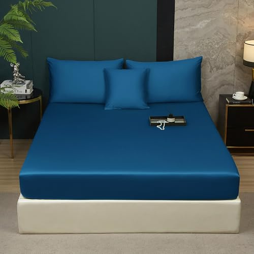 Luofanfei Mako Satin Baumwolle Spannbettlaken 90x200 Petrol Boxspringbett | Jahreszeiten Topper ÖKO-TEX Bettlaken,Kühlend Glatt Muster und Atmungsaktiv Spannbetttücher,für Hohe Matratze bis 25-30 cm