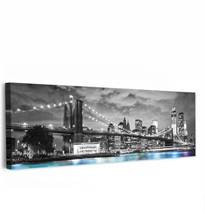 MuchoWow© Bilder Groß Wohnzimmer Deko Modern Wandbild XXL Kunstdruck | 120x40 cm - Leinwand Bild Schlafzimmer über Bett Room Decor Geschenke New York - Skyline - Stadt - Blau