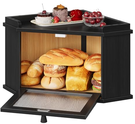 HOOBRO Panera Esquinera de Bambú con Diseño de Ondas de Agua, Caja de Almacenamiento de Pan, para Alimentos, para Cocina y Comedor, 32 x 32 x 24 cm, Negro EBK18MB01
