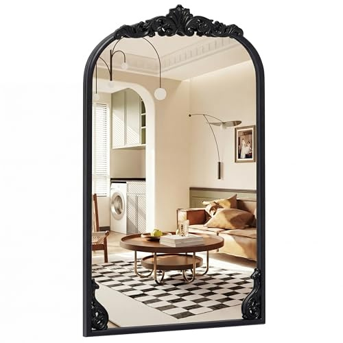 RELAX4LIFE Decorative Wall Mirror, Baroque Ornate Arched Mirror with Hanging Hooks, Vintage Metal Wall Mounted Accent Vanity Mirror for Living Room, Bedroom and Hallway (Black, 76 x 51cm)
