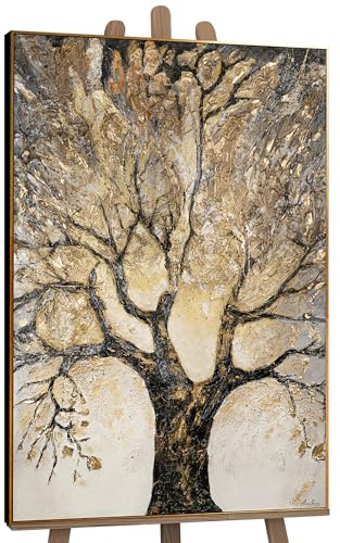 YS Quadro Albero della Vita su Tela | Sfondo Oro Rami Scuri | Arte Simbolica della Natura | 40x60 cm Incorniciato | Soggiorno, Camera, Regalo Significativo