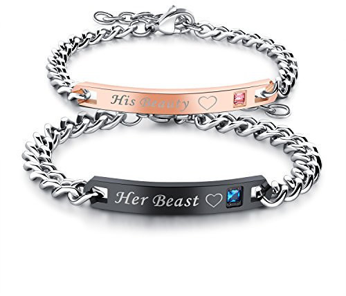 JewelryWe Pärchen Armband Edelstahl Panzerkette: 2pcs Herren Damen Partnerarmband Armkette mit Zirkonia Gravur His Beauty Her Beast Herz Lieben Freundschaftsarmband Valentinstag Paar Geschenk