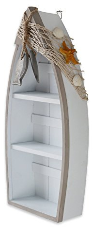 Waroom Home Strand-Themen-Ausstellungsboot mit 3 Ablagen mit kleinen Fischen, Seesternen, Muscheln und Fischnetz, 41.9 cm hoch, weiß, nautisches Standboot-Regal, Miniatur-Bootmodell, dekoratives Boot