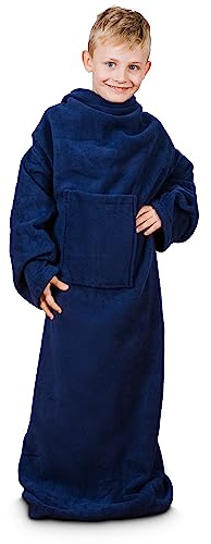 Froster - Coperta vestaglia junior, morbida e calda, indossabile, con maniche, per bambini, ragazzi e ragazze, bambini di età scolastica, Pile, Blu, Taglia unica