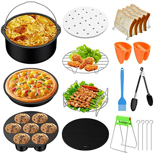 17PCs Accesorios para Freidora de Aire de 3.2QT-7.2QT Accesorios para Friedoras sin Aceite de 7 Pulgadas Kit de Accesorios con Plato Redondo de Pastel Molde Soporte para Barbacoa
