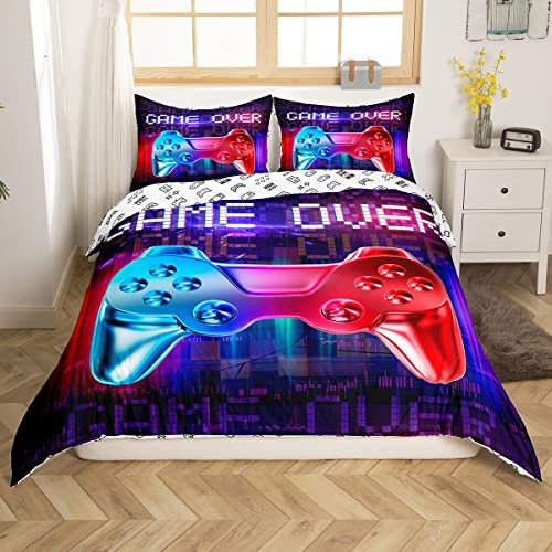 Loussiesd Gamepad Betten Set für Jungen Kinder Mädchen Teenager Gamer Bettwäsche Set 135x200cm, Modern Gamer Bettbezug Set, Videospiel, Neuheit Blau Rot Gaming Action Buttons Dekor Bettwäsche Jugend