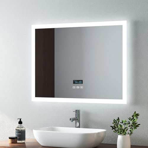 EMKE Illuminated Bathroom Mirror LED Light, 800x600 mm Toilet Mirror with Shaver Sockets, Demister + Bluetooth Speaker + Touch Switch, Wall Mounted Mirror Horizontal