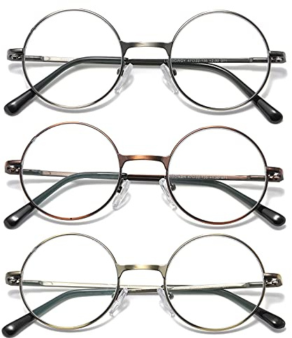KoKoBin 3 Pack Round Frame Reading Glasses Blue Light Blocking Reader Metal Full Frame Retro Glasses (3 Pack, 2, diopters)