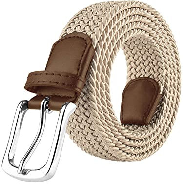 989Zé ENZO Mens Stretch Belts Ladies Elasticated Woven Adjustable Braided Metal Buckle Belt (Beige, S/M)