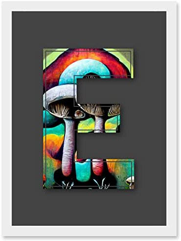 Wee Blue Coo Letter E Multicoloured Trippy Mushrooms Decorative Graffiti Mural Alphabet Initial Stencil Artwork Framed Wall Art Print A4