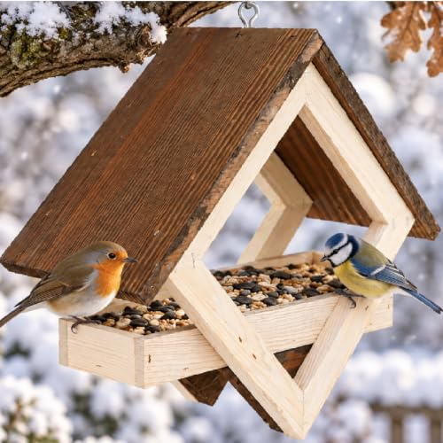 Vogelhaus zum Aufhängen, Vogelfutterhaus, Vogelstation, Futterspender, Futterstation, Holz, Birke, Handarbeit aus Natur Holz, 35 x 39,5 x 15 cm M6
