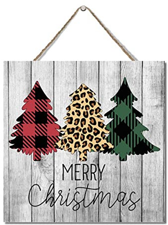 Holzschild Merry Christmas Holzpaletten Holzschild Rot Grün Büffel Karo Plaid Leopard Xmas Farmhouse Vintage Wandkunst Schild Hängende Holzschild für Zuhause Büro Schreibtisch Dekor 30,5 x 30,5 cm