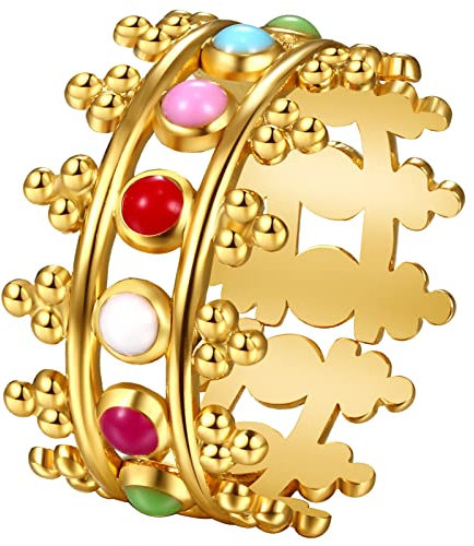 JewelryWe Schmuck Damen-Ring Elegant Krone Kronenring mit bunten Emaille Edelstahl Verstellbarer Offen Ring Band mit Gravur Gold