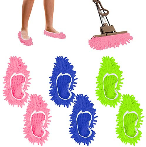 3 pares de pantuflas de fregona, pantuflas de limpieza de suelo, lavables, para limpiar el polvo, altamente elásticas, para limpiar el suelo, para mujer, limpieza de la casa (verde, azul y rosa)