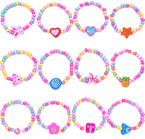 Yeefunjoy 12 Pezzi Braccialetti Bambina, Bracciali Ragazza Gioielli in Legno, Bracciali Multicolor Animali Braccialetti Amicizia per Festa Compleanno Regalo Gioielli Ragazza per Bambini