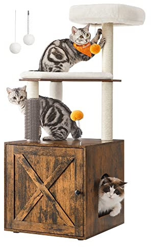 Feandrea Arbre à Chat avec Maison de Toilettes, Tour de Jeu Moderne 2-en-1, Niche pour Chat de 134 cm avec Chache-litière, Poteaux à Griffer, Perchoir, Tapis Lavables, Marron Rustique PCT115X01
