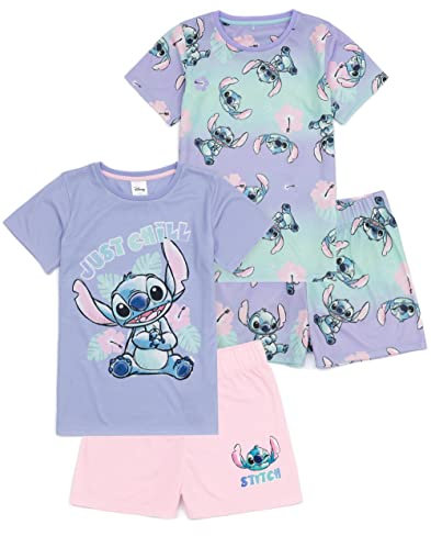 Disney Lilo And Stitch Girls 2 Pack Pigiama | Bambini Rosa Viola Just Chill Animato Alien T-Shirts Shorts Set Movie Sleepwear Merchandising