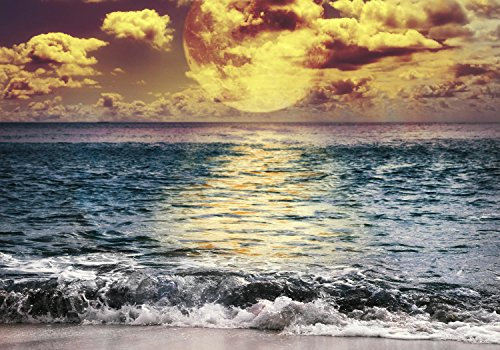 wandmotiv24 Fototapete Vollmond über dem Ozean, 300 x 210 cm - selbstklebende Vliestapete 150g, Wanddeko, Wandbild, Wandtapete, Meer, Abend-stimmung, Sonne M0906