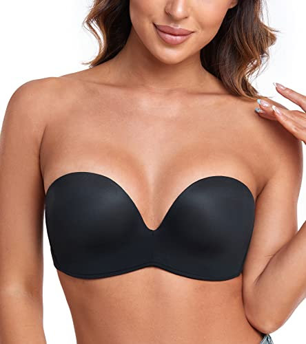 Lemorosy Soutien-Gorge Femmes sans Bretelles avec Rembourré Push up Design d'ailes Confortable(Noir,100D)