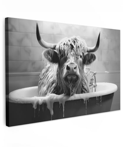 MuchoWow© Bilder Groß 120x80 cm XXL Wohnzimmer Deko Modern Wandbild Foto auf Leinwand Bild Schlafzimmer Room Decor Geschenke Schottische Hochlandrind - Kuh - Schwarz und Weiß - Bad - Schaumstoff
