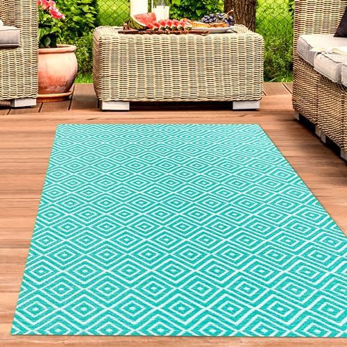 CARPETIA Außenteppich Outdoor-Teppich wetterfest wasserabweisend Campingmatte Picknickmatte Plastik Garten Terrasse Rautenmuster Petrol 120 x 170 cm