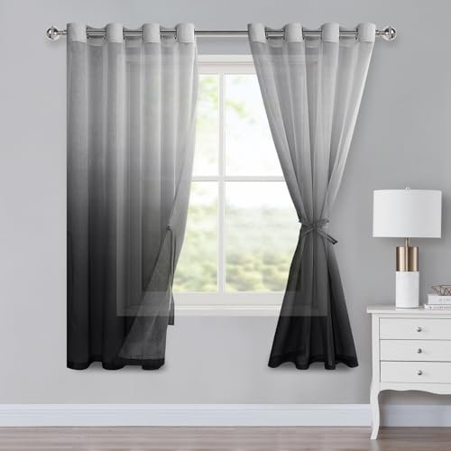 XWZO Voile Gardinen mit Ösen Vorhänge Farbverlauf Vorhang Sheer Ombre Gardinen 2 er Set für Schlafzimmer und Wohnzimmer Schlaufengardinen mit Raffhalter H160xB140cm Schwarz